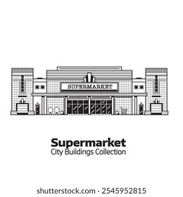 Supermarket building isolated on white. Large food store or mall facade in line art design. Super market or grocery store exterior illustration.