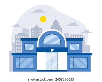 Supermarket building near urban area, vector illustration.