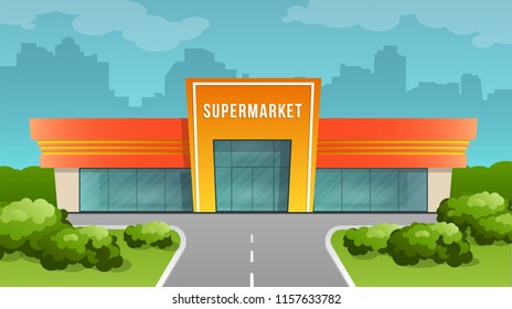 Supermarket building on the city background. Vector image in cartoon flat style. Element of urban infrastructure.