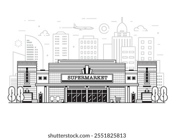 Supermarket building on modern city background. Large food store or mall facade illustration in line art design. Super market or grocery store exterior on downtown skyline.