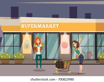  Supermarket building orthogonal background with people and goods symbols vector illustration 