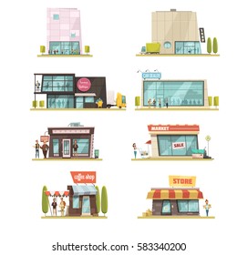 Supermarket building set with coffee shops symbols cartoon isolated vector illustration 