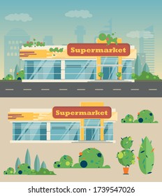 Supermarket building, shrubs and trees in flat style
