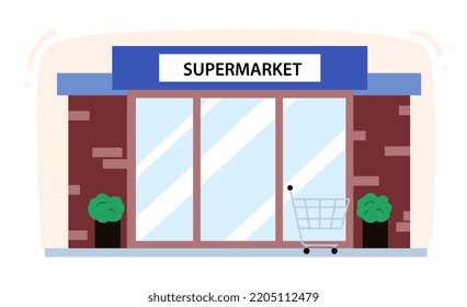 Edificio de supermercados. Puertas automáticas correderas. Ilustración vectorial plana.