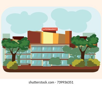 supermarket building standing on the street, food and other products sale in city shop facade, urban store construction, market exterior with windows signs and doors, architecture vector illustration