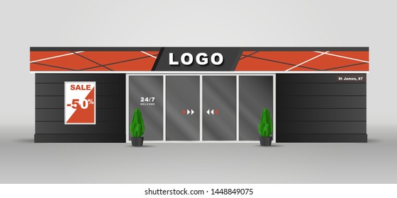 Supermarket building street view, front shop on the gas station urban store retail supermarket exterior vector image with place for sign and advertising poster with sale