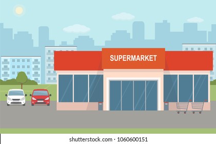 Supermarket building and two cars on city background. Urban landscape. Flat style, vector illustration. 
