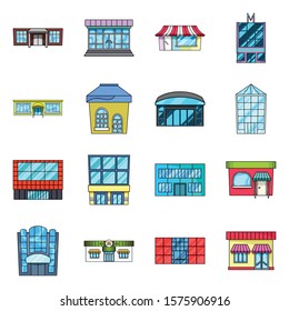 Supermarket building vector cartoon icon set.Vector isolated illustration supermarket for shopping.Icon set of market and shop.