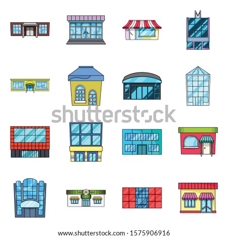 Supermarket building vector cartoon icon set.Vector isolated illustration supermarket for shopping.Icon set of market and shop.