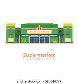 Supermarket building vector illustration. Large food store facade isolated on white background. Super market or grocery store exterior in flat design.