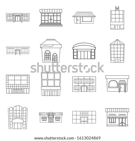 Supermarket building vector outline icon set.Vector isolated illustration supermarket for shopping.Icon set of market and shop.
