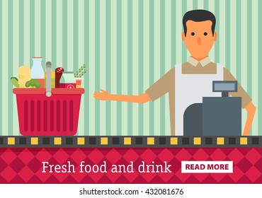 Supermarket. Buy grocery in the supermarket. Vector flat design illustration