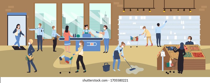 Supermarket, buyer at penic covid-19 vector illutration. Quarantine shopping, empty shelves on counter. People character in trading floor picking food product in basket and market cart.