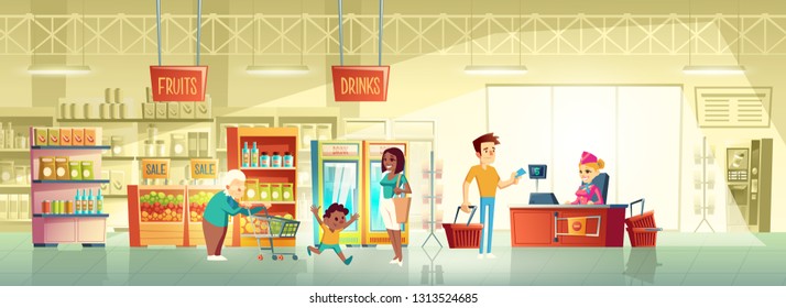 Supermarket buyers, grocery store clients cartoon vector concept with granny pushing shopping trolley, african-american woman with child, man giving credit card to seller behind counter illustration