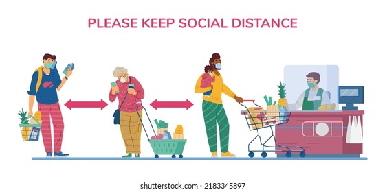 Supermarket buyers in queue to cashier maintain a safe distance, flat vector illustration. Social distancing and viral coronavirus diseases prevention banner.
