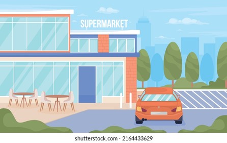 Supermarket with cafe and parking lots flat color vector illustration. Urban infrastructure. Fully editable 2D simple cartoon cityscape with modern town on background. Bebas Neue font used