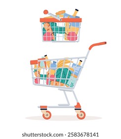 Supermarket cart and basket groceries. fruits and vegetables, cold drinks in bottles. Milk and meat products, canned food. Cartoon flat style isolated vector delivery and shopping concept