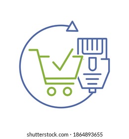 Supermarket cart, check mark and internet connection. Online purchase ordering. Vector linear icon illustration isolated on white background.