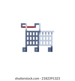 Supermarket cart, empty trolley icon. Shopping application. Pixel flat style art. 8-bit. Web design element. Isolated abstract vector illustration.