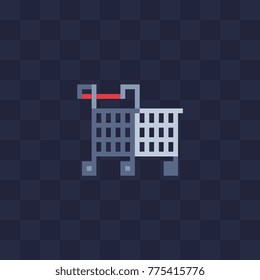 Supermarket cart, empty trolley icon. Shopping application. Pixel flat style art. 8-bit. Web design element. Isolated abstract vector illustration.