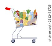 Supermarket cart filled of groceries. Dairy products, vegetable, bread in shopping trolley. Concept of buying food, purchase of products for cooking. Simple vector illustration. Isolated on white