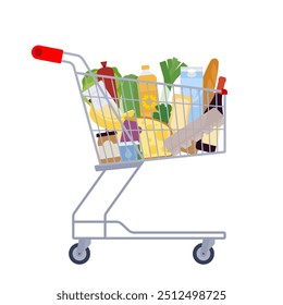 Carrito de supermercado lleno de comestibles. Productos lácteos, vegetales, pan en carrito de la compra. Concepto de compra de alimentos, compra de productos para cocinar. Simple Ilustración vectorial. Aislado en blanco