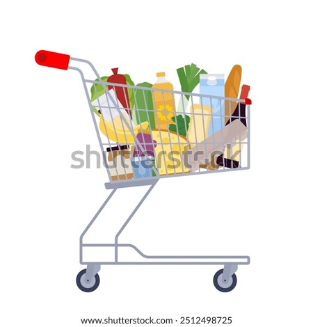 Supermarket cart filled of groceries. Dairy products, vegetable, bread in shopping trolley. Concept of buying food, purchase of products for cooking. Simple vector illustration. Isolated on white