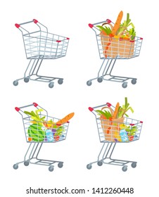 Supermarket cart full of groceries and an empty one. Food purchases in reusable eco-friendly paper bags. Healthy nutrition shopping. Vector cartoon isolated illustration set.
