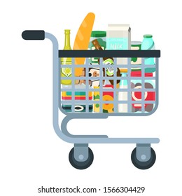 Supermarket cart full with groceries isolated on white. Pushcart full with food vector illustration. Organic foods store metall trolley