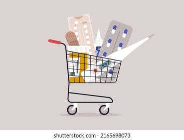 A supermarket cart full of prescription pills, bandaids, eyedrops, and other remedies