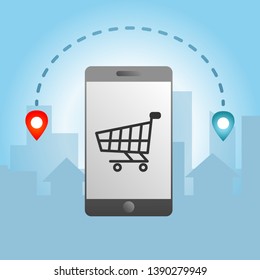 Supermarket cart icon on a smartphone. Shopping online in the city silhouette background. E-commerce online concept.