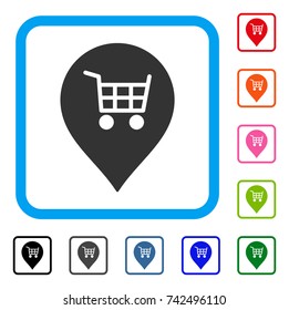 Supermarket Cart Marker icon. Flat grey pictogram symbol in a light blue rounded rectangular frame. Black, gray, green, blue, red, orange color additional versions of Supermarket Cart Marker vector.