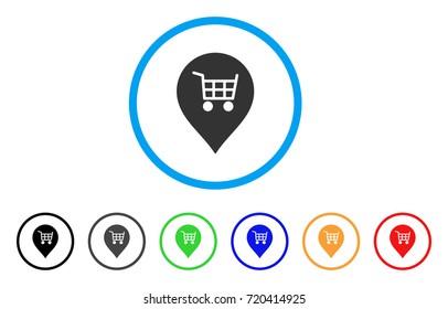 Supermarket Cart Marker rounded icon. Style is a flat supermarket cart marker grey symbol inside light blue circle with black, gray, green, blue, red, orange variants.