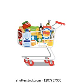Supermarket Cart or Trolley Full of Food Products and Drinks Flat Vector Illustration Isolated on White Background. Modern Grocery Store, Food Shop or Supermarket Goods Assortment. Shopping Concept