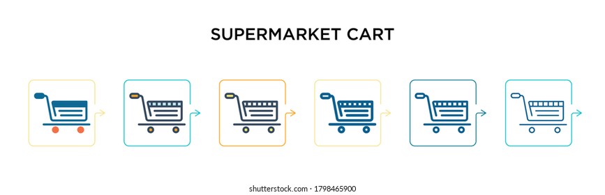 Supermarket cart vector icon in 6 different modern styles. Black, two colored supermarket cart icons designed in filled, outline, line and stroke style. Vector illustration can be used for web, 