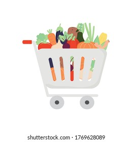 supermarket cart with vegetables over white background, detailed style, vector illustration