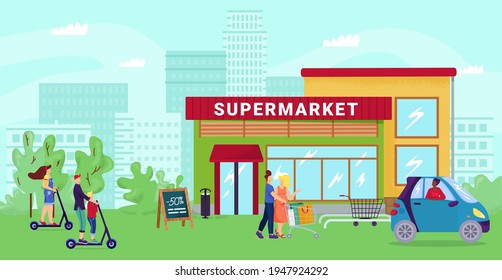 Supermarket at cartoon street, flat city shop vector illustration. Urban market background, people go shopping to store concept.