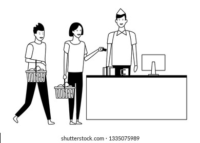 Supermarket cash and customers with shopping baskets in black and white