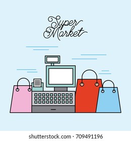 supermarket cash register with differents paper bag shop