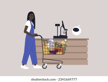 Supermarket cash register, a young character with a trolley cart at the register operated by a robot