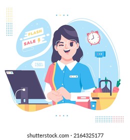 Supermarket Cashier Character Illustration Background