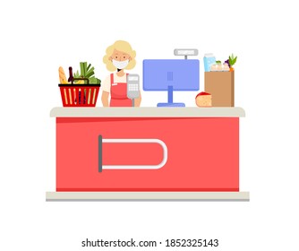 Supermarket cashier desk, woman character and grocery food. Vector illustration in flat style concept of virus prevention, wearing mask during covid-19