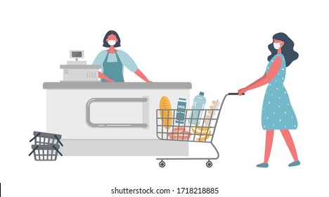 Supermarket cashier during coronovirus epidemic. Young woman in a medical mask stands behind a cash register. Buyer is also wearing a protective mask. There is a shopping cart full of food here