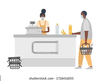 Supermarket cashier during coronovirus epidemic. Young black woman in a medical mask stands behind a cash register. Customer is also wearing a protective mask.There is a basket with products here