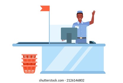 Supermarket cashier or grocery store employee working at checkout vector illustration. Cartoon cash register worker in blue uniform standing at counter, waiting for people clients isolated on white