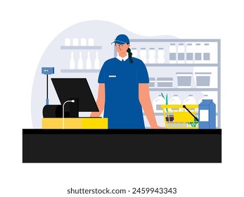 Supermarket cashier in neat clothes, vector illustration.