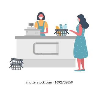 Supermarket cashier web banner during coronovirus epidemic. Young woman in a medical mask stands behind a cash register. Customer is also wearing a protective mask.There is a basket with products here