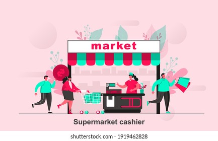 Supermarket cashier web concept in flat style. Supermarket buyers and cashier behind counter with cash register scene visualization. Vector illustration with tiny people characters in life situation.