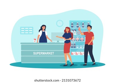 Supermarket with cashier. Young girl and man with groceries go to pay for goods. Grocery store, routine and daily activities. Cash register in market or shop. Cartoon flat vector illustration