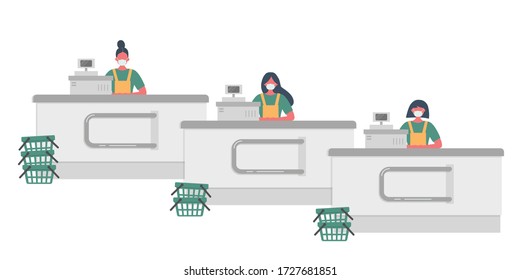 Supermarket cashiers during coronovirus epidemic. Young women in a medical masks are sitting behind a cash registers. There are also shopping baskets in the picture. Vector flat illustration